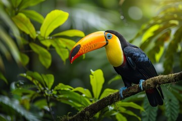 Obraz premium A vibrant toucan perched in the Amazon rainforest, its vivid colors standing out against the green foliage,Keel-billed Toucan, Ramphastos sulfuratus, bird with big bill sitting on the branch in 