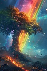 Fototapeta premium A tree with rainbow colors is surrounded by a field of fire