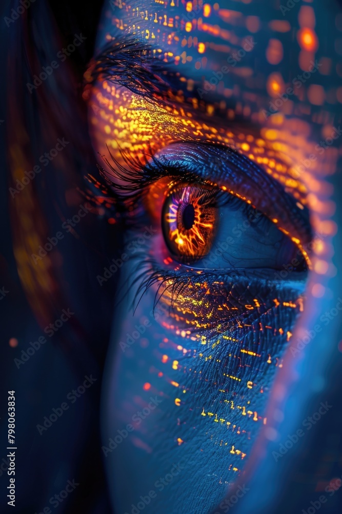 Poster close up of a person's eye with glowing lights. perfect for technology and futuristic concepts