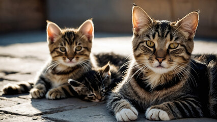 Two kittens and their mother on a blanket.