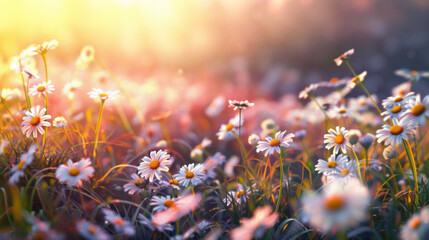 Beautiful spring and summer nature with fields of blooming daisies in the grass in the hilly countryside.