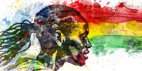 Ethiopian Flag with a Coffee Ceremony Host and a Marathon Runner - Picture the Ethiopian flag with a coffee ceremony host representing Ethiopia's coffee culture and a marathon runner