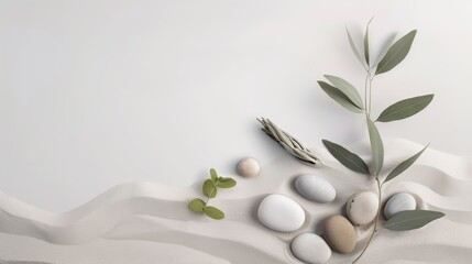Artistic close-up of a sage twig intermingled with pebble rocks on sand, symbolizing balance and peace, against a white backdrop