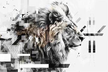 Striped Splendor: A Geometric Lion Collage with Color Splashes
