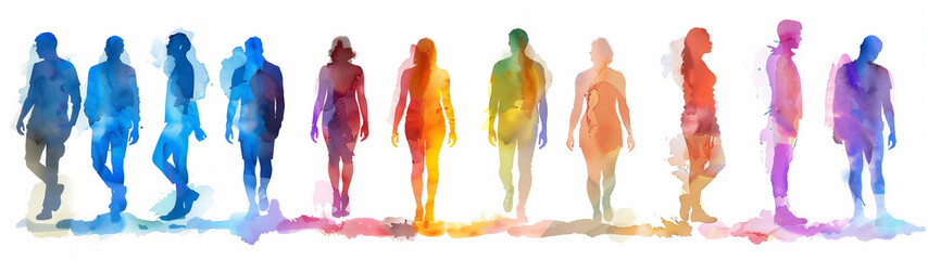 Generative Ai watercolor illustration of a multicolored silhouettes of a group of different people on a white background.