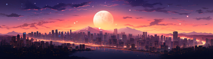 Generative AI illustration of lo-fi Night Skyline and Purple Hues inspirated in manga and anime. Cityscape with the moon. Reflections.