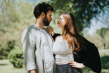Joyful young couple sharing a tender moment outdoors in the park, embodying freedom and happiness...