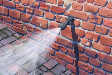 A sprinkler in action against a brick wall. Suitable for landscaping or irrigation concepts - obrazy, fototapety, plakaty
