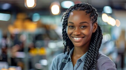 Obraz premium Young african american female with long afro braids looking at camera while standing in modern office