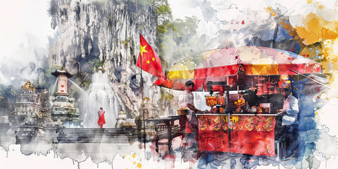 Malaysian Flag with a Teh Tarik Vendor and a Batu Caves Devotee - Visualize the Malaysian flag with a Teh Tarik vendor representing Malaysia's tea culture and a Batu Caves devotee