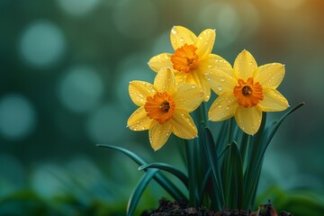 Vibrant yellow daffodils in garden.