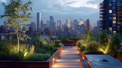 A rooftop garden with sensor-based irrigation and smart lighting, showcasing city skyline views at dusk - obrazy, fototapety, plakaty