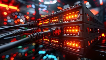Closeup of network switch with ethernet cables and blinking lights in data center. Concept Data Center Technology, Network Switches, Ethernet Cables, Blinking Lights, Closeup Photography