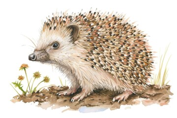 A watercolor painting of a hedgehog in the grass. Suitable for nature or animal-themed designs