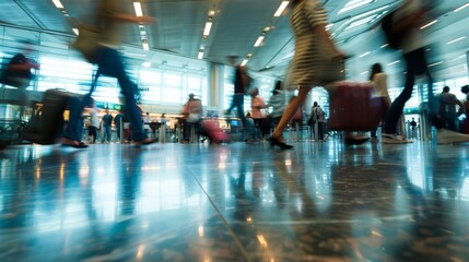 A blur of people walking in different directions fills the defocused background of this image highlighting the diverse mix of cultures and destinations represented in an airport terminal. .