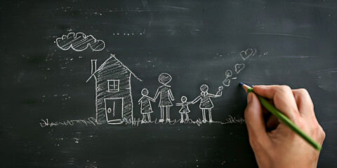 Family Home Drawing on Chalkboard: A Creative Blend of Simplicity and Expressiveness