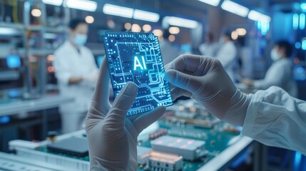 An engineer is holding a computer microchip in a high-tech industrial plant workshop. The cutting-edge manufacturing process for ai chips is conducted in the background.
