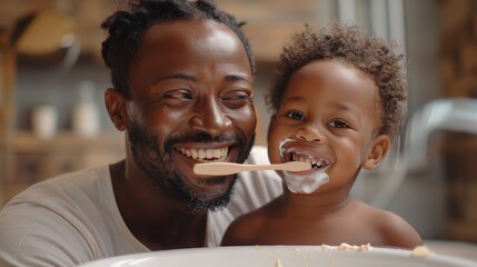 A joyful dad with a toddler brushes teeth, sharing a playful bonding experience