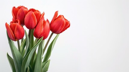 Fototapeta premium A stunning spring bouquet of vibrant red tulip flowers set against a clean white backdrop with space for text or design
