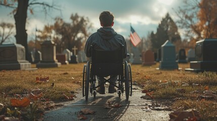 Captured from behind, a young man in a wheelchair watches the gravestones of his loved ones, an American flag fluttering over the somber scene.