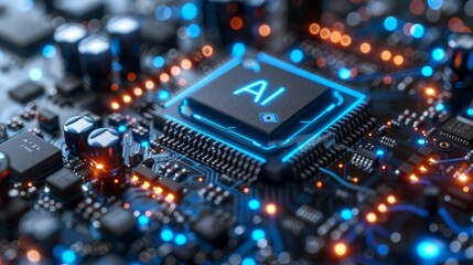 Detailed close-up of a cutting-edge microchip, showcasing the intricate design and advanced technology integrated into a computer board, highlighting the modern ai capabilities.