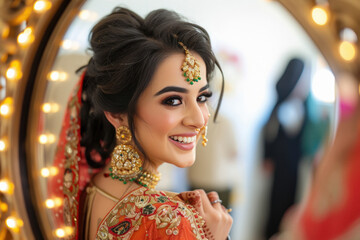 Beautiful indian bride doing make up in front of mirror