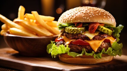 Delicious burger with fries on wooden table
