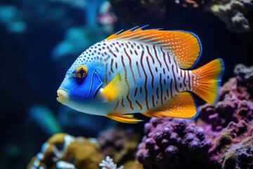 Spotted tropical fish aquarium outdoors swimming. - obrazy, fototapety, plakaty