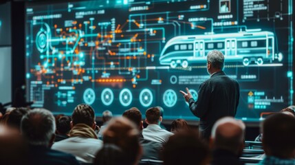 A technology conference focussed on passenger train construction showcases innovative visualizations on a vast screen, highlighting modern scientific advancements.