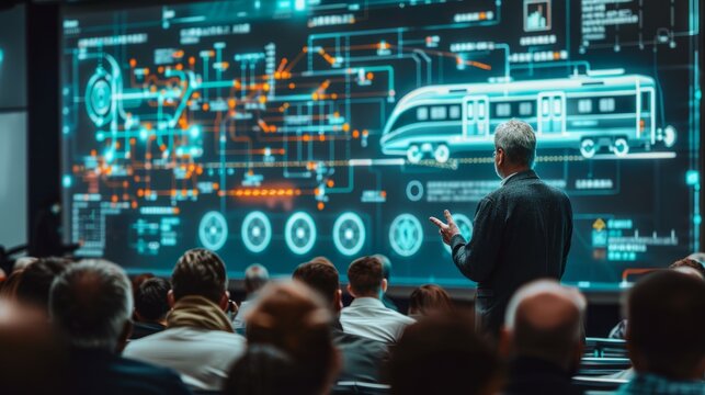 A technology conference focussed on passenger train construction showcases innovative visualizations on a vast screen, highlighting modern scientific advancements.