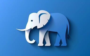 Paper cut elephant icon isolated on blue background. Paper art style. Vector Illustration