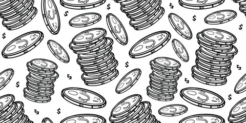 Seamless pattern of Hand drawn doodle set of coins money