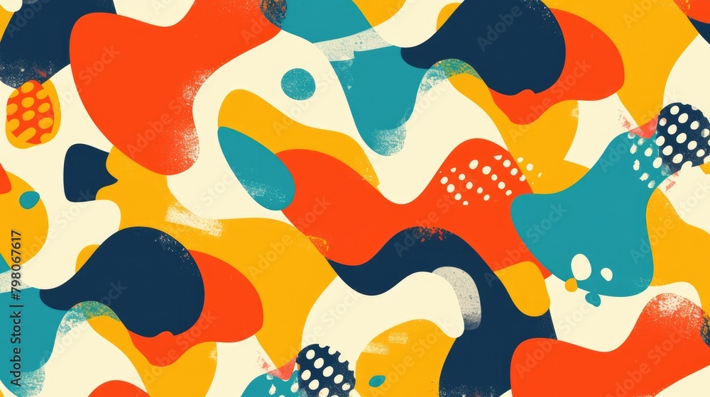 Poster discover an intriguing pattern with abstract shapes layered on a spotted background in 2d format