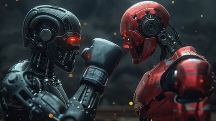 Fototapeta premium Robotic warriors clad in boxing gloves facing off in a ring, their every move a testament to technological innovations in the field of artificial intelligence.