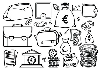 Hand drawn doodle set of world money currency vector illustration.