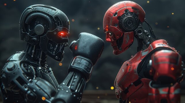 Robotic warriors clad in boxing gloves facing off in a ring, their every move a testament to technological innovations in the field of artificial intelligence.