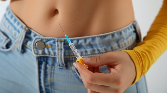 Displaying commendable courage and resilience, a young woman independently executes a therapeutic procedure with a syringe at home.