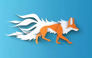 Paper cut Fox icon isolated on blue background. Paper art style. Vector Illustration