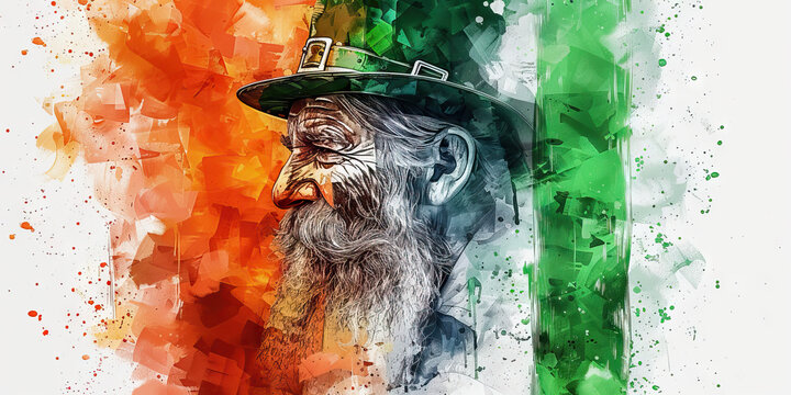 Irish Flag with a Leprechaun and a Pub Owner - Picture the Irish flag with a leprechaun representing Irish folklore and a pub owner 