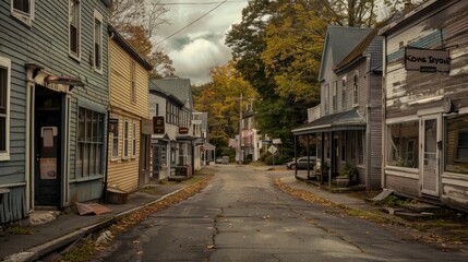 Quiet street with vintage wooden architecture, ideal for historical or urban themes