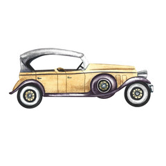 Vintage retro car in ocher color. The watercolor illustration is hand-drawn, isolated. For banners, flyers, posters. For prints, stickers, postcards.