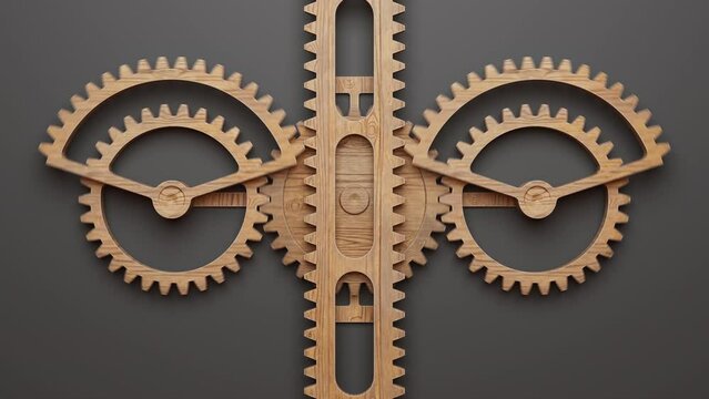 Looping animation of a group of wooden gears using a wooden gear rack. Looped movement. Close-up