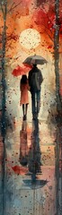 A painting of a man and a woman walking in the rain with an umbrella