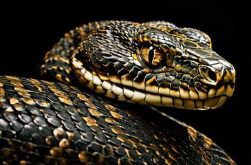 Fototapeta premium The head and body of a snake with a beautiful brown skin texture on a black background