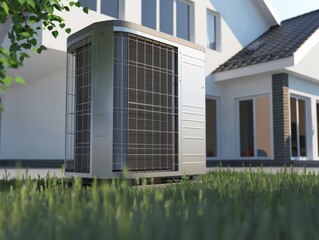 Detailed and realistic close-up of an air source heat pump, installed in a home to promote clean and sustainable living