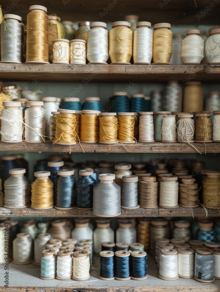 Poster a shelf full of different colored spools of thread