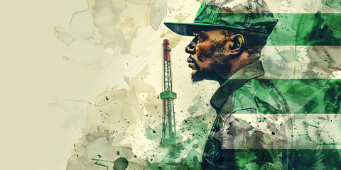 Nigerian Flag with a Nollywood Actor and a Oil Driller - Picture the Nigerian flag with a Nollywood actor representing Nigeria's film industry and an oil driller