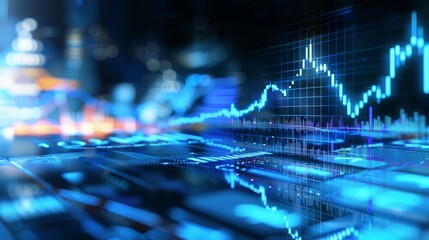 Close-up, realistic portrayal of digital charts analyzing stock market expansion and investments on a dark blue blurred backdrop