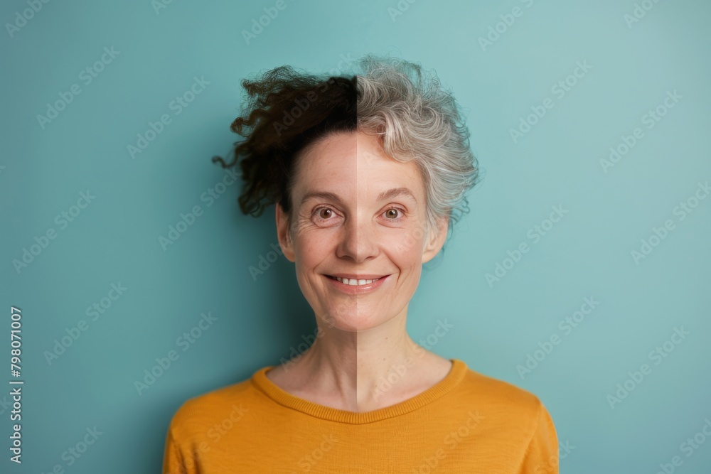 Poster collagen and clear complexion in aging optimistic mindset highlighted by skincare split