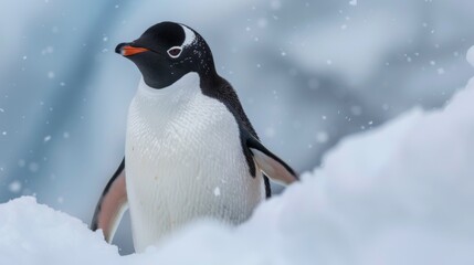 Obraz premium A majestic Gentoo penguin stands out against the soft focus of falling snowflakes and a white, cold background